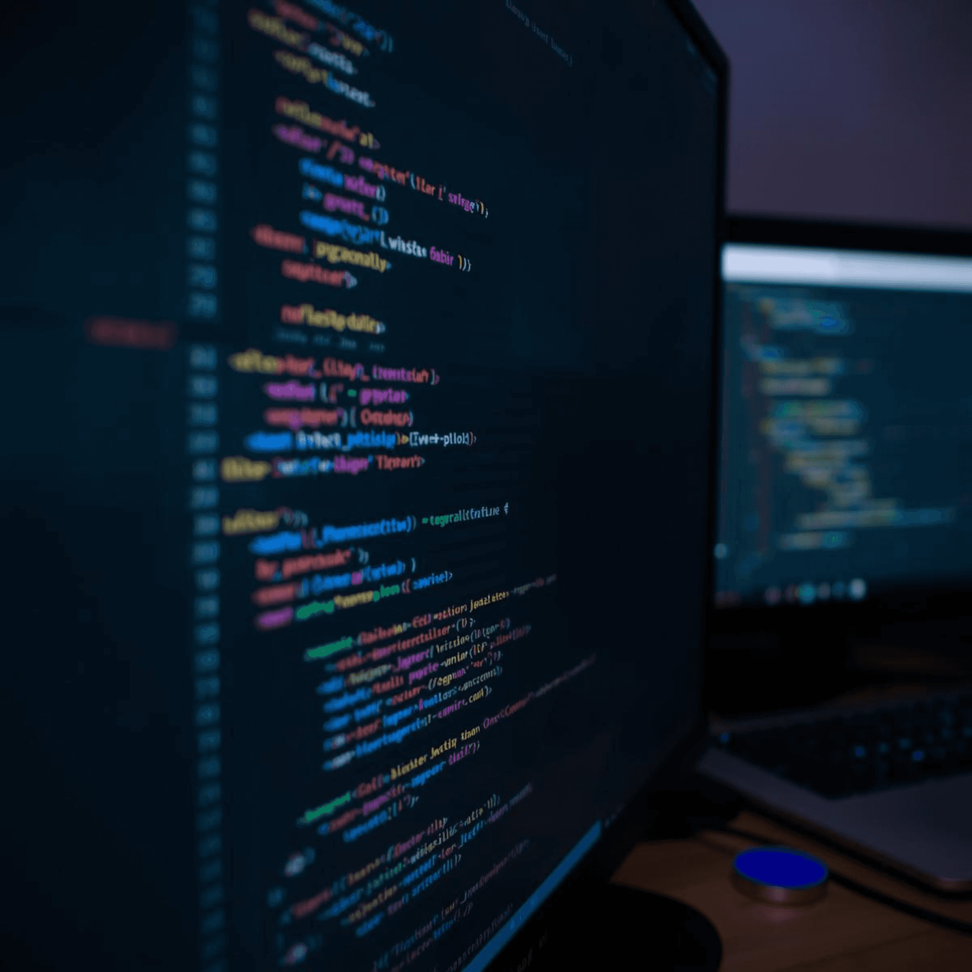 Primer plano de un monitor mostrando líneas de código de programación en un editor de texto con resaltado de sintaxis para el desarrollo de aplicaciones web.