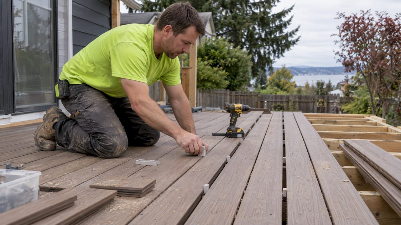 Installer spaces composite boards before fastening