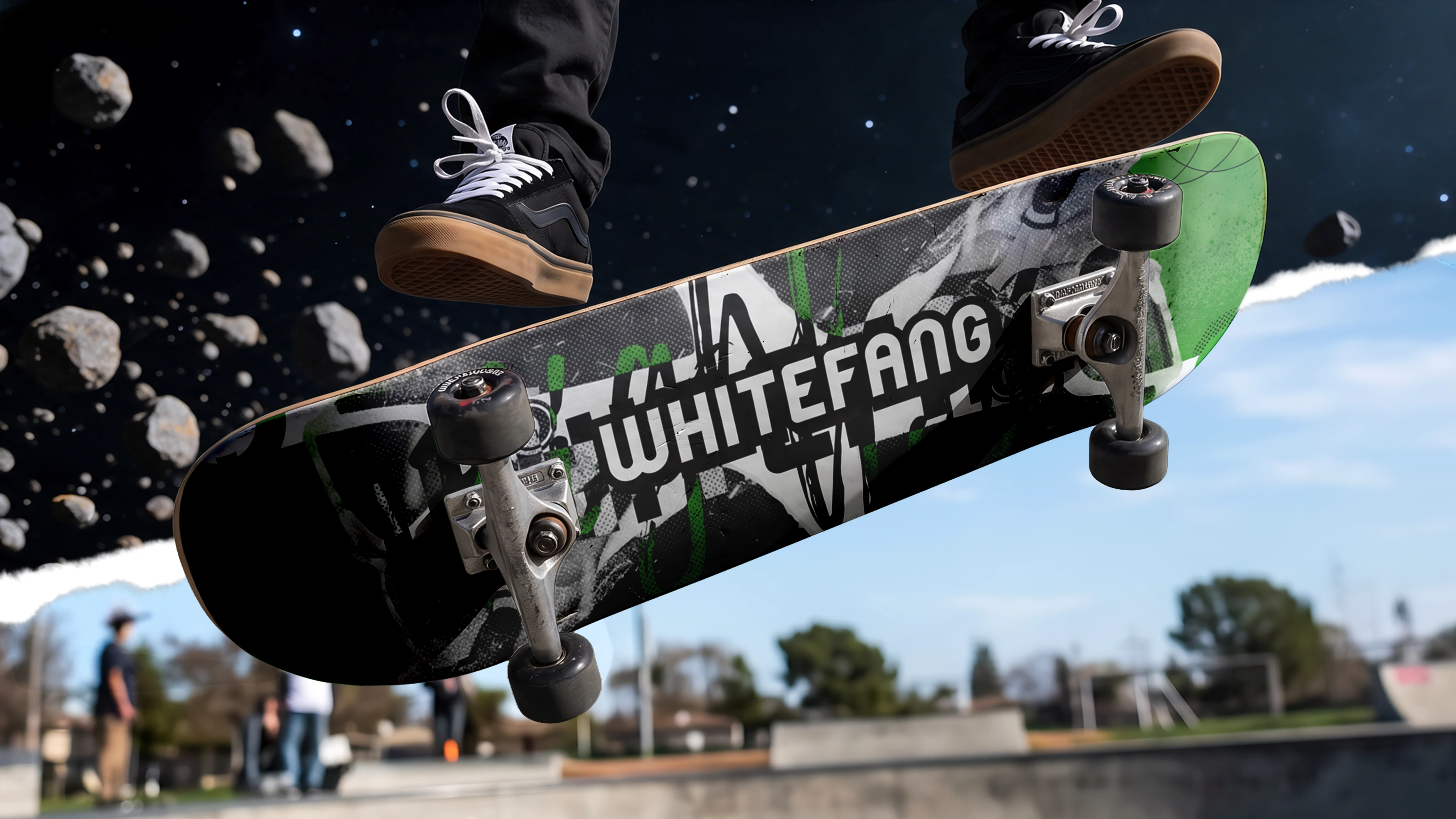 Collage of Skater with Whitefang Skateboard Graphics