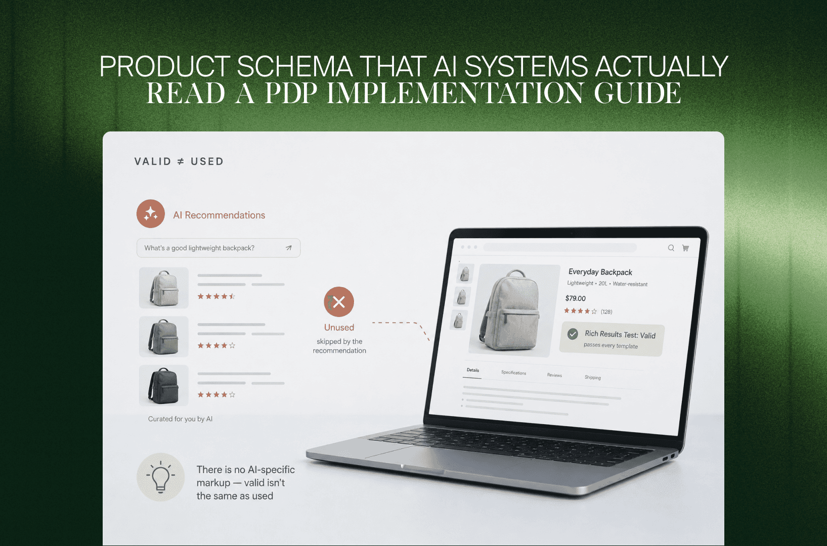 Produktseite mit gültigem Product Schema, die den Rich-Results-Test besteht, aber von KI-Empfehlungen übergangen wird