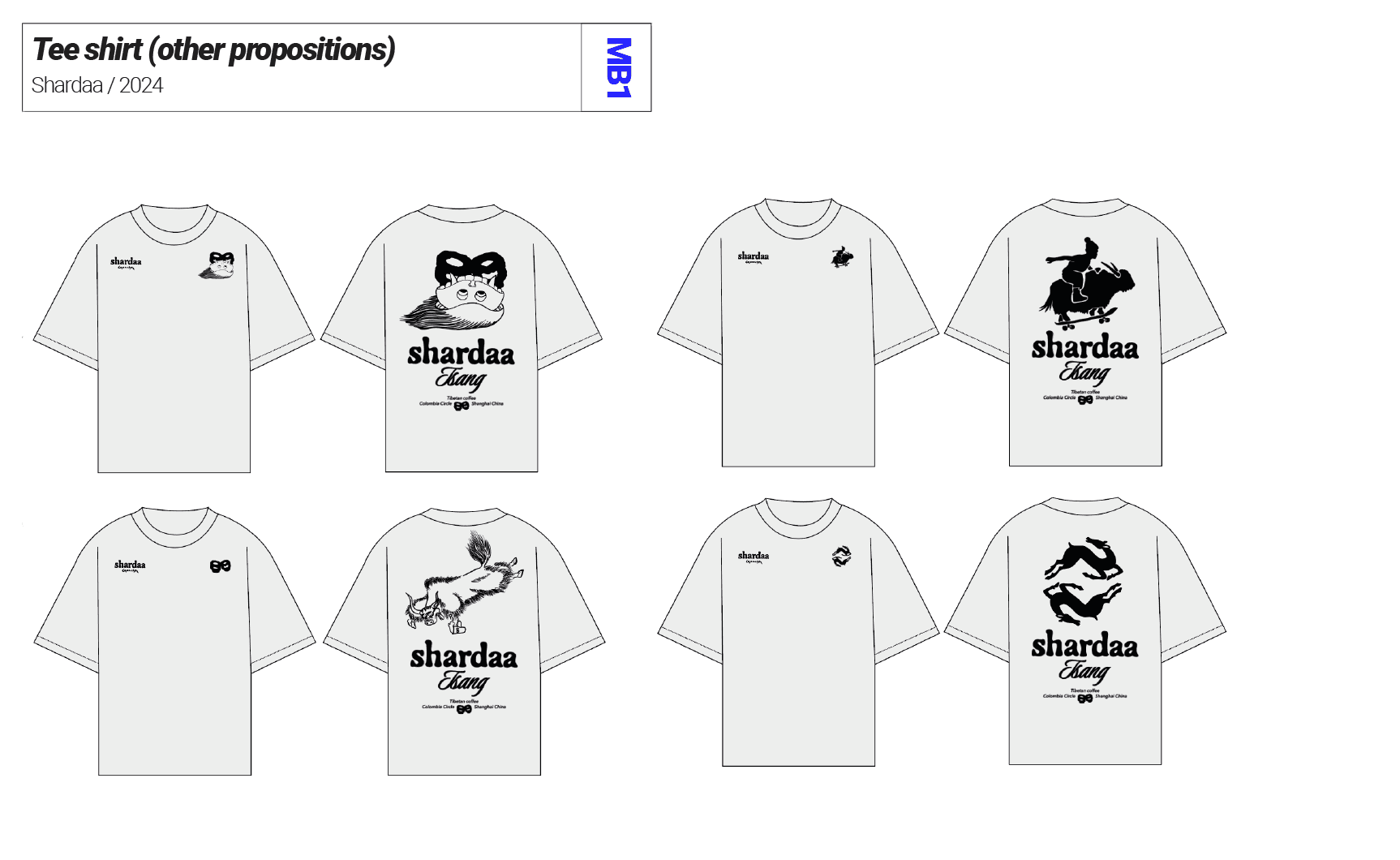 Design sheet showing front and back proposals for Shardaa streetwear T-shirts with custom graphic prints.