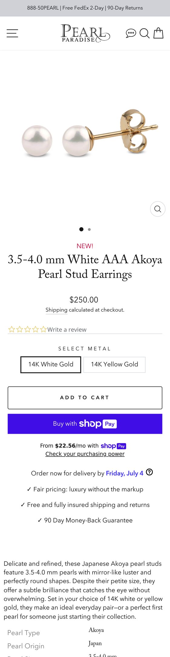 Jewelry product options include: earring for 3.5-4.0 mm White AAA Akoya Pearl Stud Earrings from Pearl Paradise.