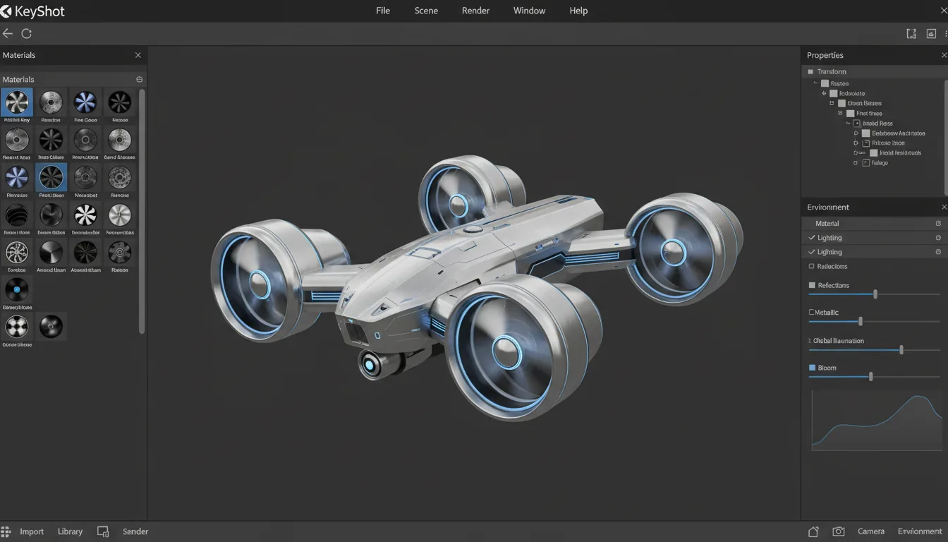 A screenshot of the KeyShot 3D rendering software interface, featuring a Modern Dark Mode UI. The layout includes a central viewport displaying a high-fidelity 3D model of a futuristic silver metallic drone with ducted fans. A left sidebar shows a library of spherical material presets with abstracted text labels, and a right sidebar contains a detailed properties panel with sliders, checkboxes, and placeholder data. The application has a top menu bar and a bottom toolbar with professional iconography, all set against a dark charcoal theme with muted blue accent highlights.