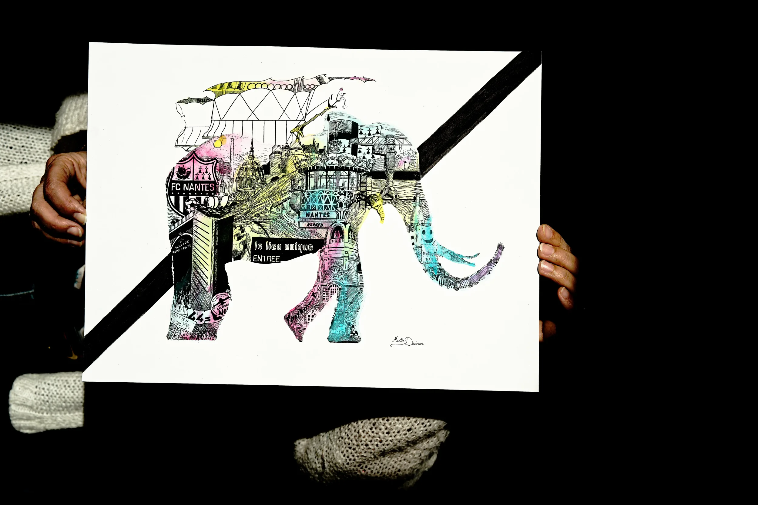 éléphant de nantes, illustration à l'encre noire du patrimoine Nantais