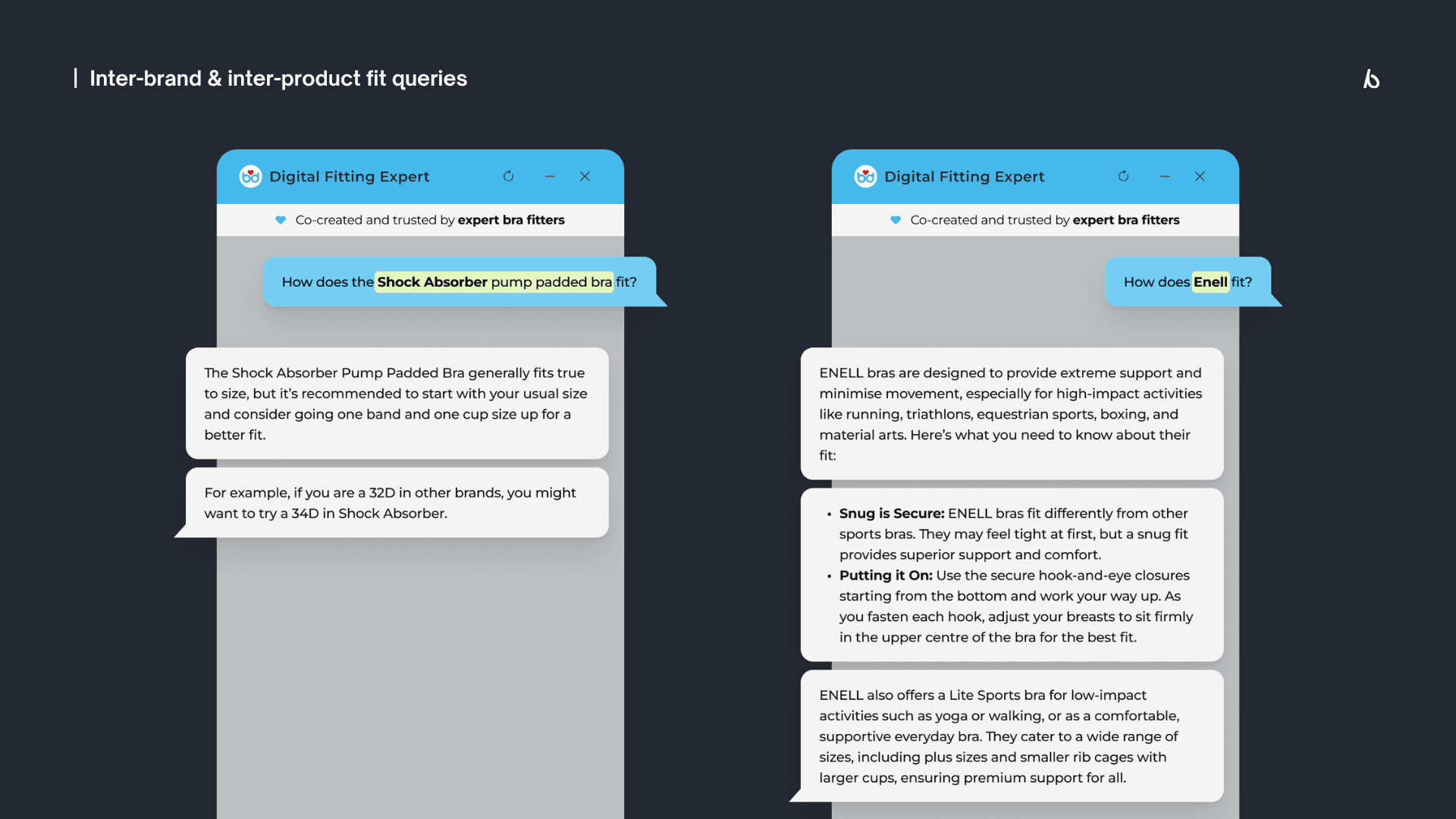 Brarista chatbot explaining brand-specific fit characteristics for Panache sports bras on the boobydoo site.