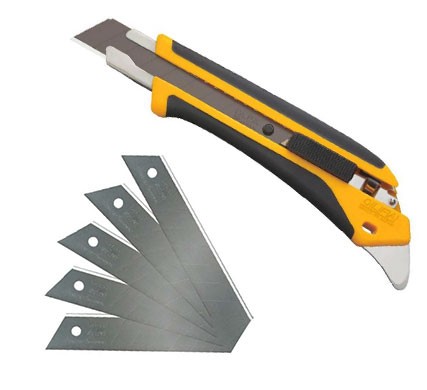 A yellow and black fiberglass utility knife and blades for cutting AGL Grass North turf.