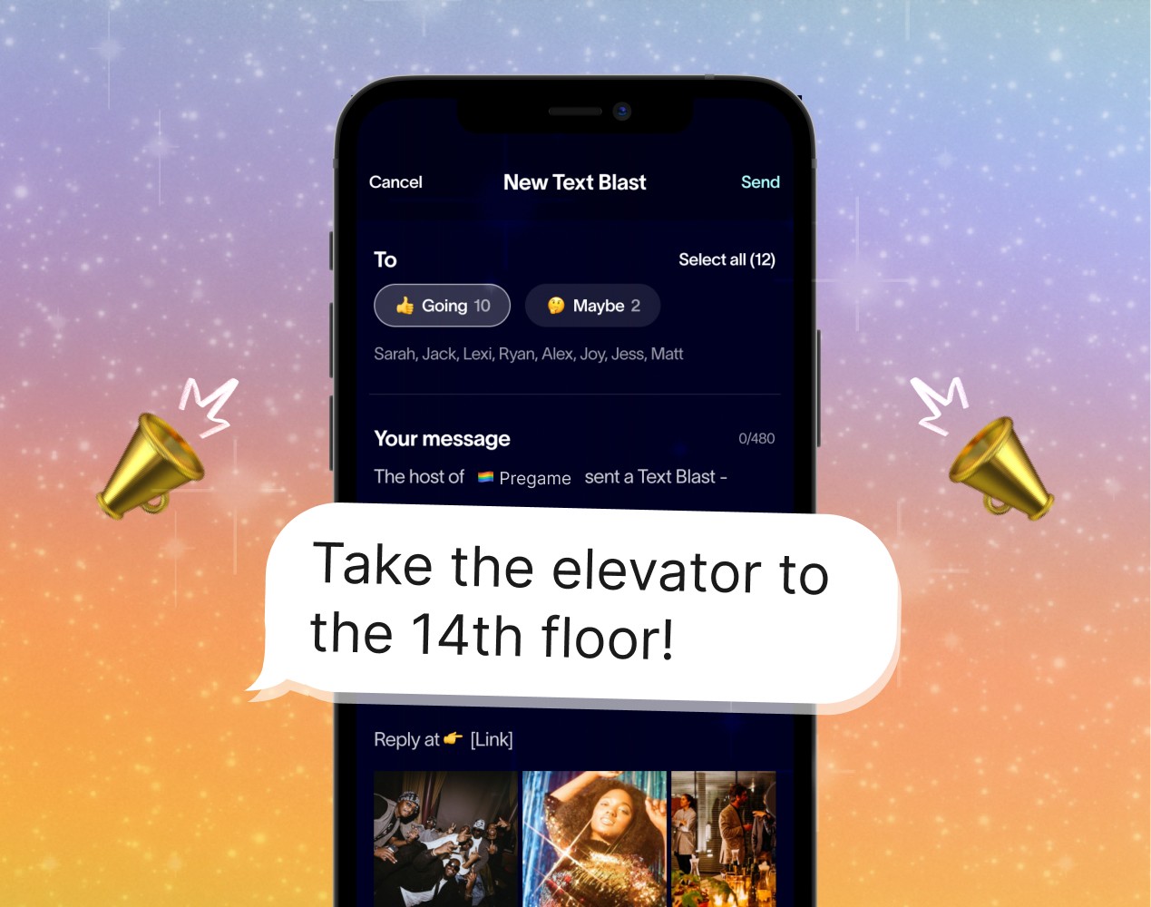 Party planning app feature demonstrating group text updates with an event reminder and customizable messages.