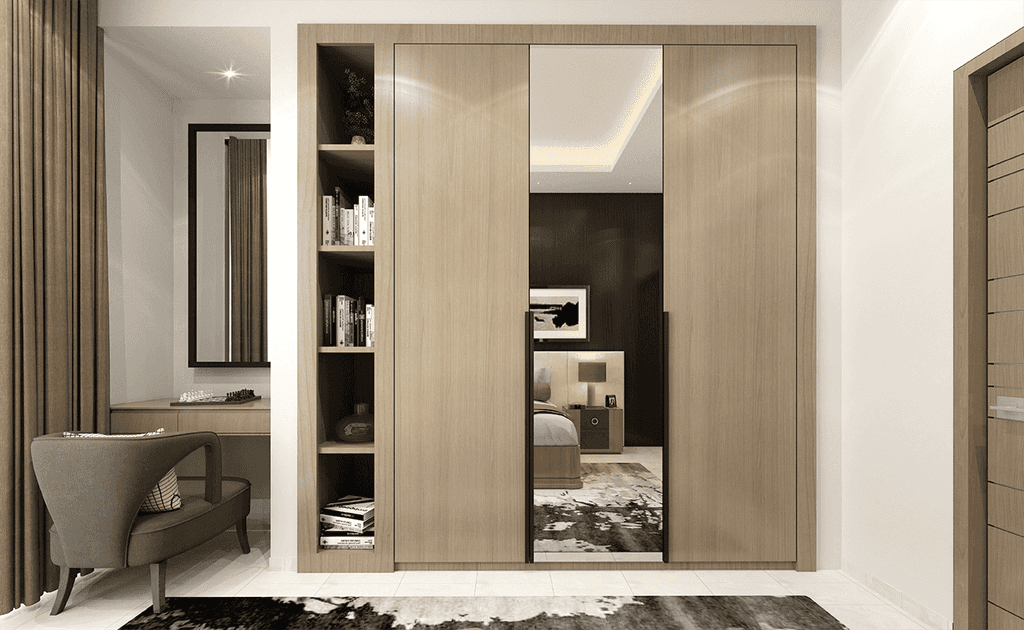 A modern bedroom featuring a wooden door, a desk, and a view of the Cloud Tower in Dubai.