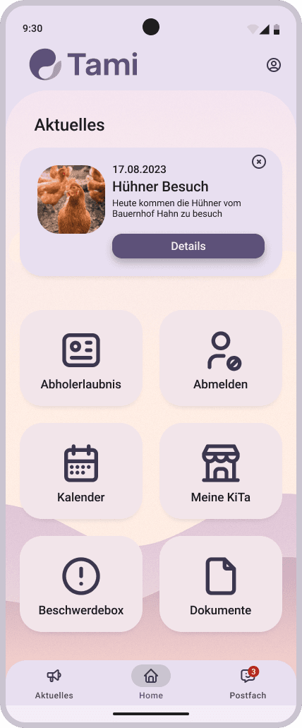 Startbildschirm der Tami App mit Navigation und Icons für Kita-Funktionen.