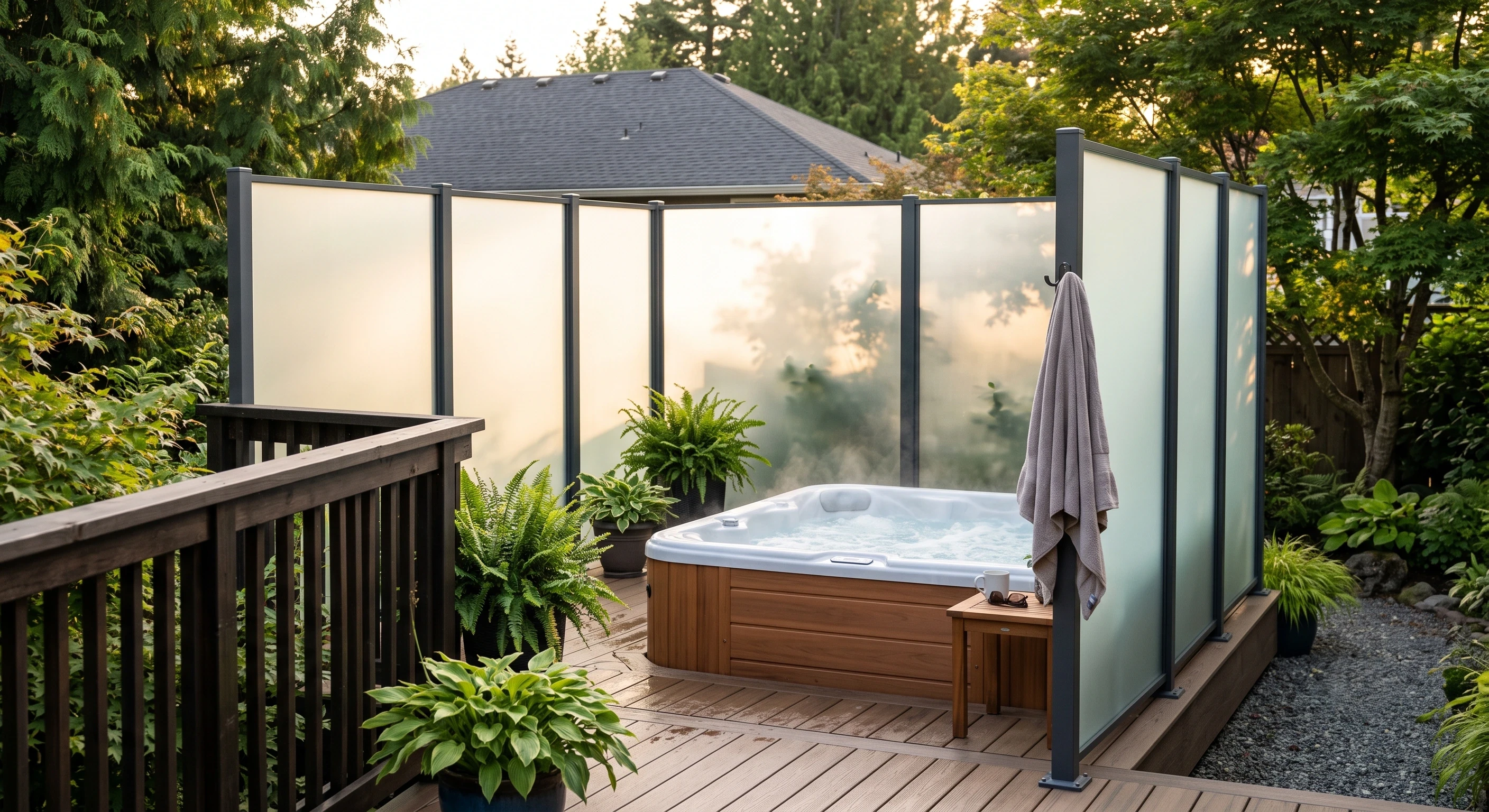 Frosted glass privacy wall screening a backyard hot tub, standing taller than the deck guard