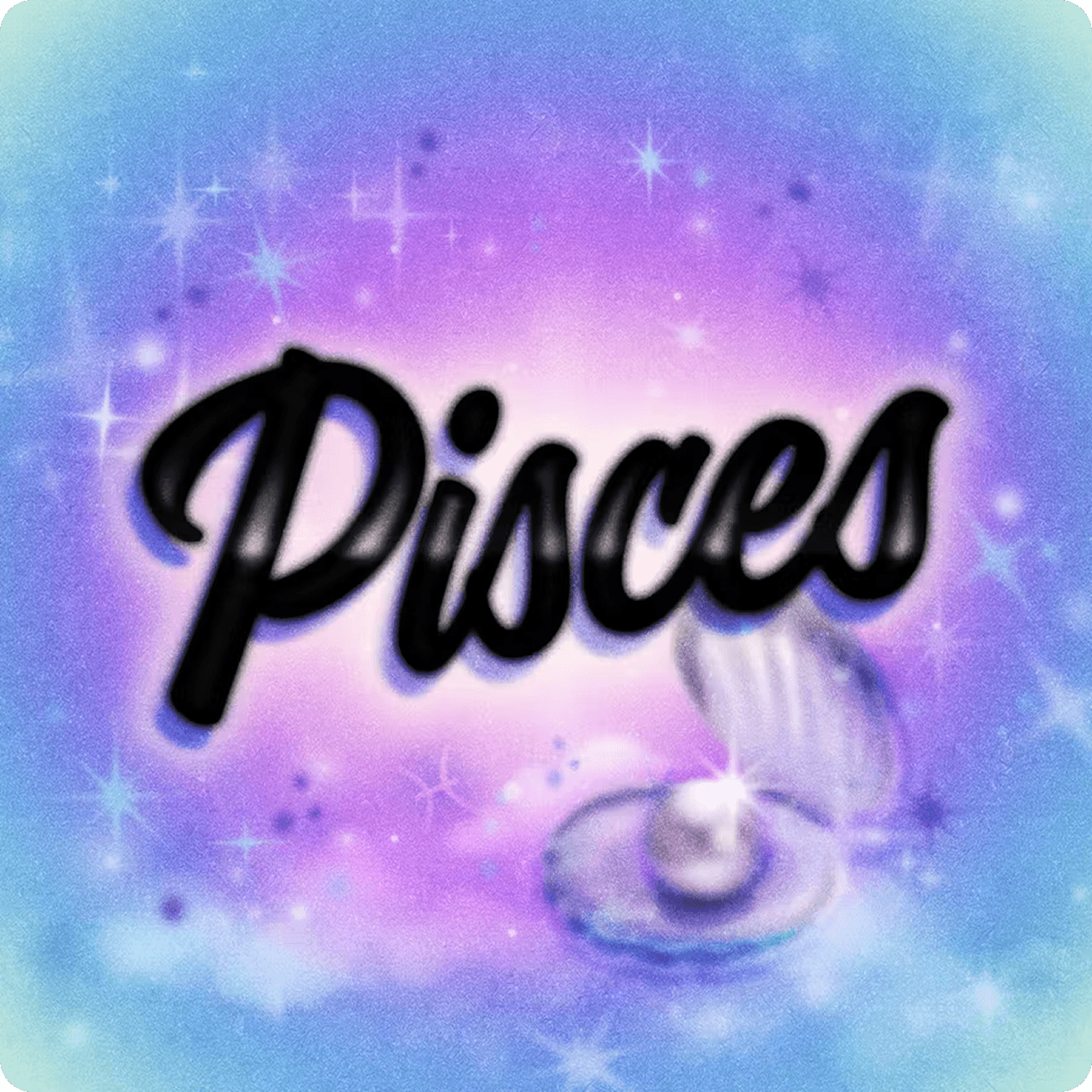 Stylized text "Pisces" with musical notes, set against a dreamy pastel background of purple and blue hues.
