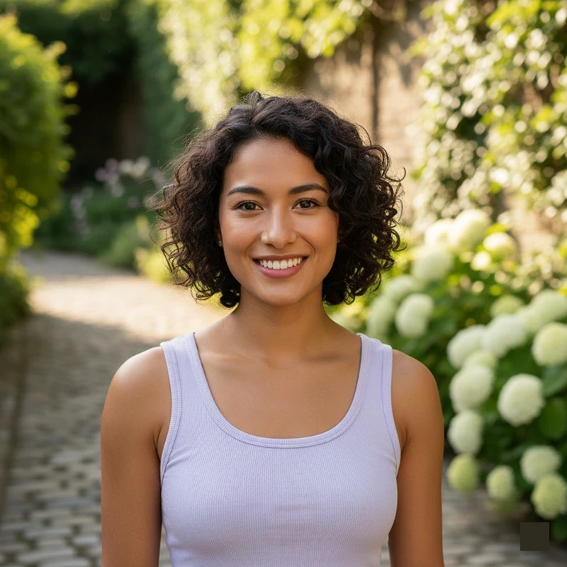 A bright portrait of a smiling woman with short, dark curly hair, wearing a lavender tank top. She is standing outdoors on a stone path surrounded by vibrant green foliage and white hydrangea flowers in soft focus.