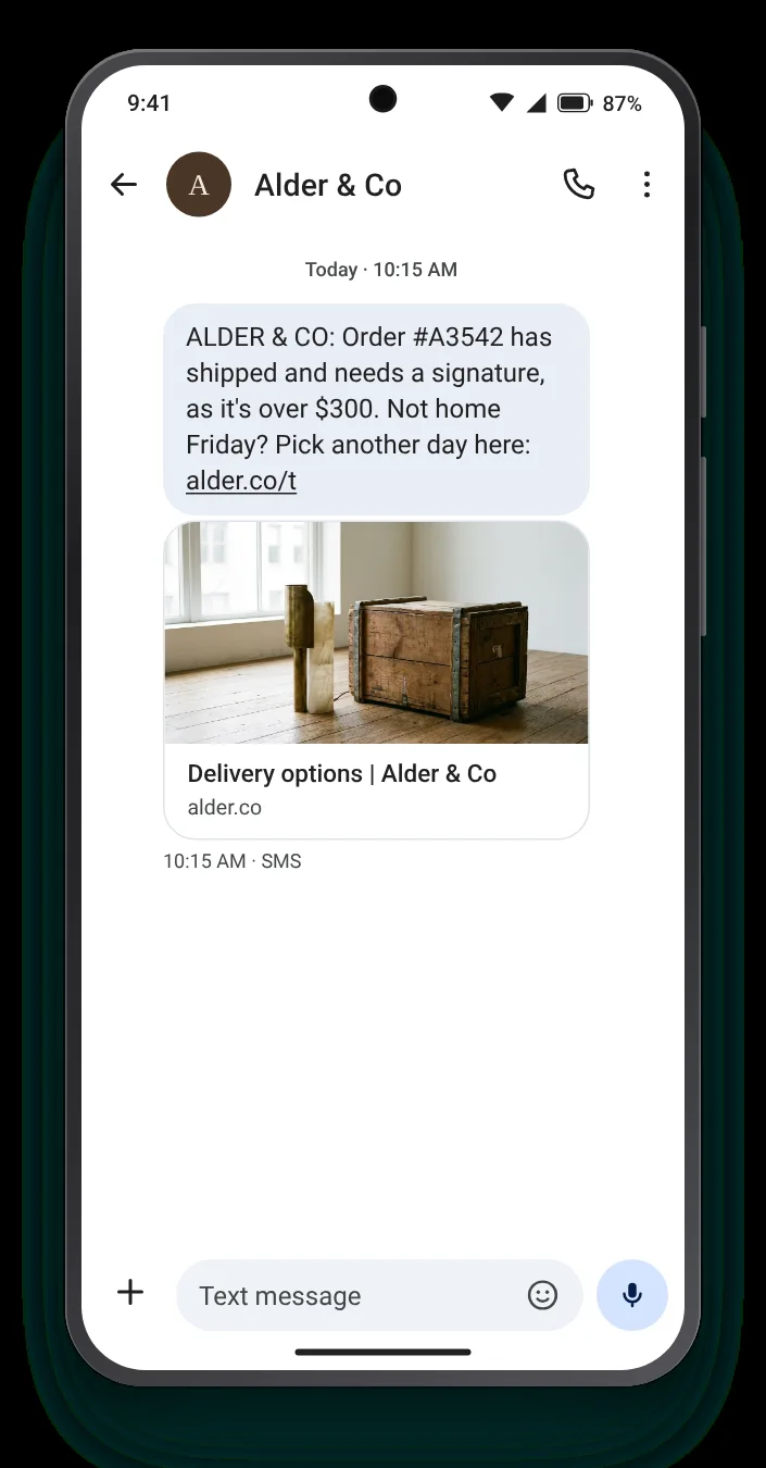 A high-value parcel someone must sign for shipping text on an Android phone