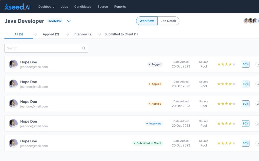 Xseed.AI candidate pipeline for a Java Developer job