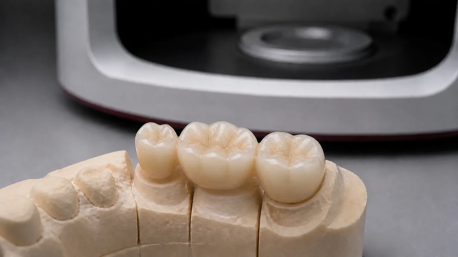 Puente posterior corto de tres unidades asentado sobre un modelo maestro dental.