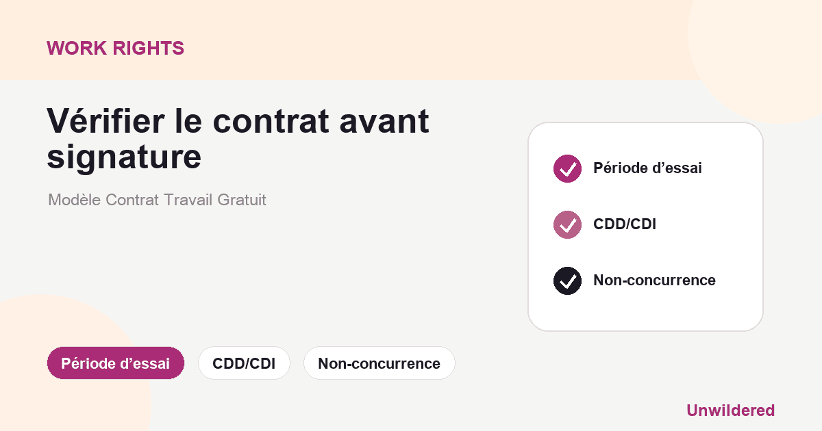 Explainer card for Modèle Contrat Travail Gratuit: Période d’essai, CDD/CDI, Non-concurrence.