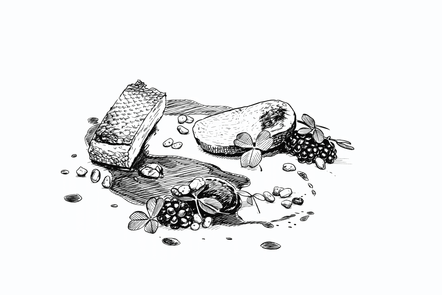 Duck breast with crispy skin and sliced portion, served with dark sauce, blackberries, pomegranate seeds, and microgreens on a white plate.