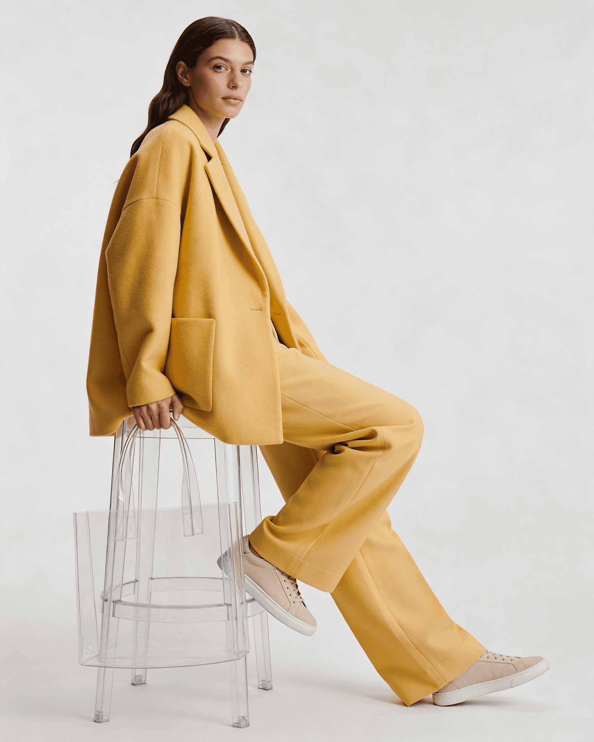 A woman in a yellow blazer and trousers sits on a clear chair, holding a transparent bag