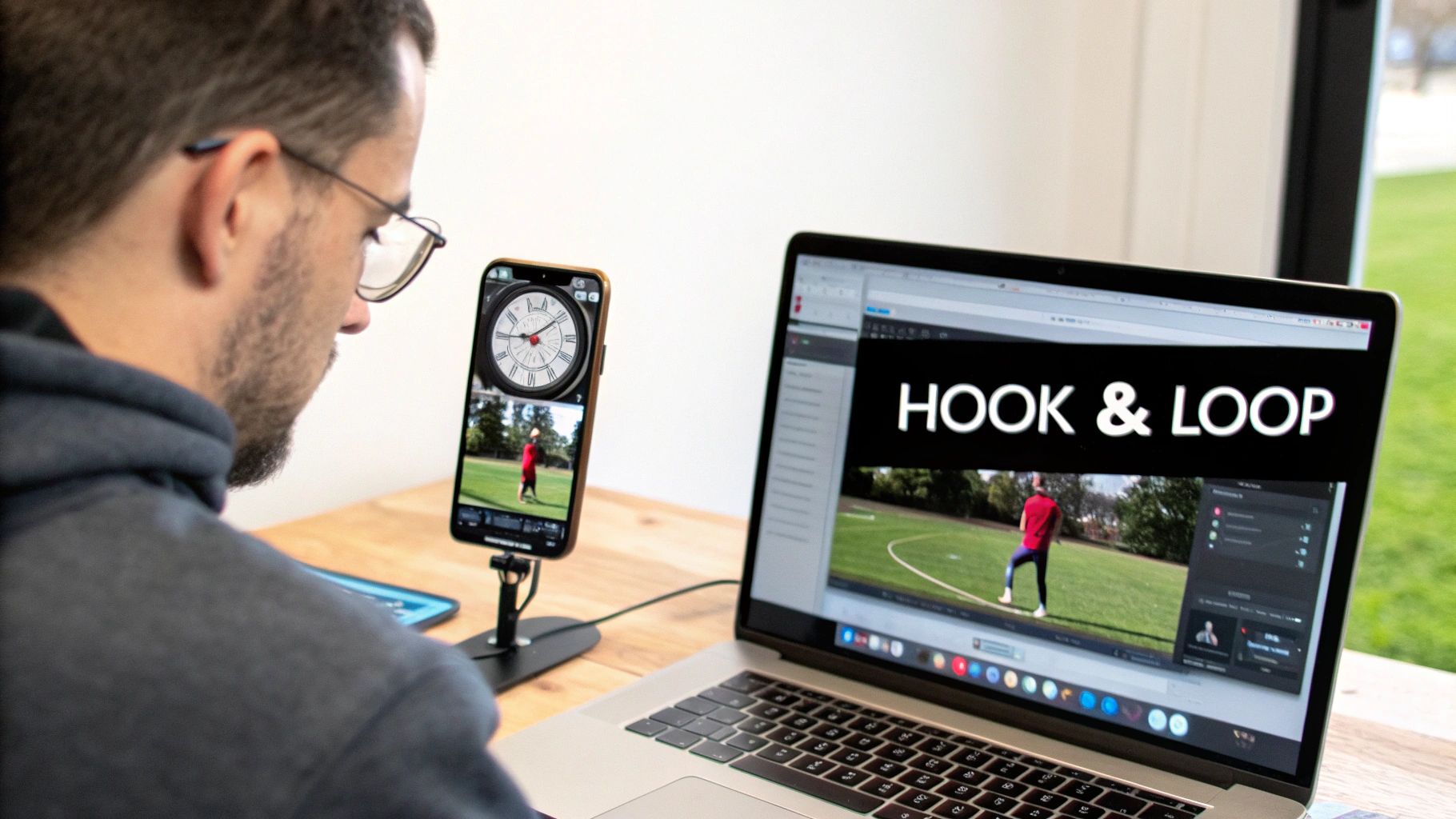 A man reviews video content with a golf player on a laptop and a smartphone display.