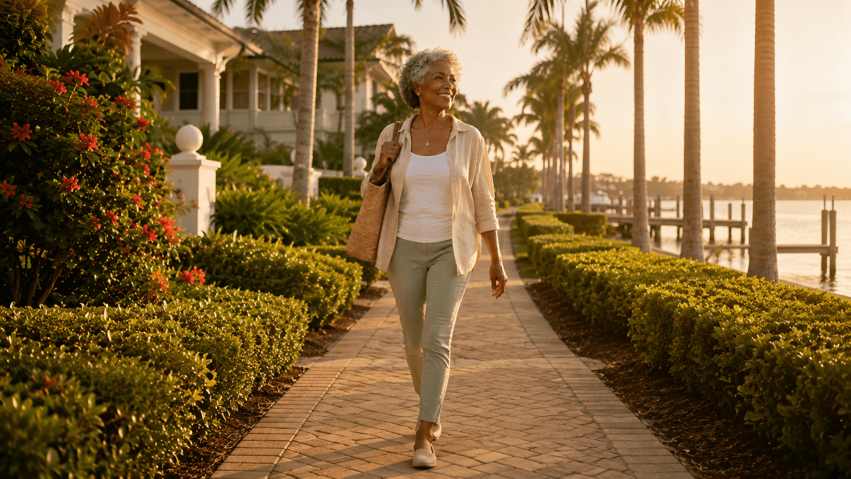 Active older woman walking down outdoor steps in Naples, Florida — interventional pain, Florida Orthopedic & Spine Institute