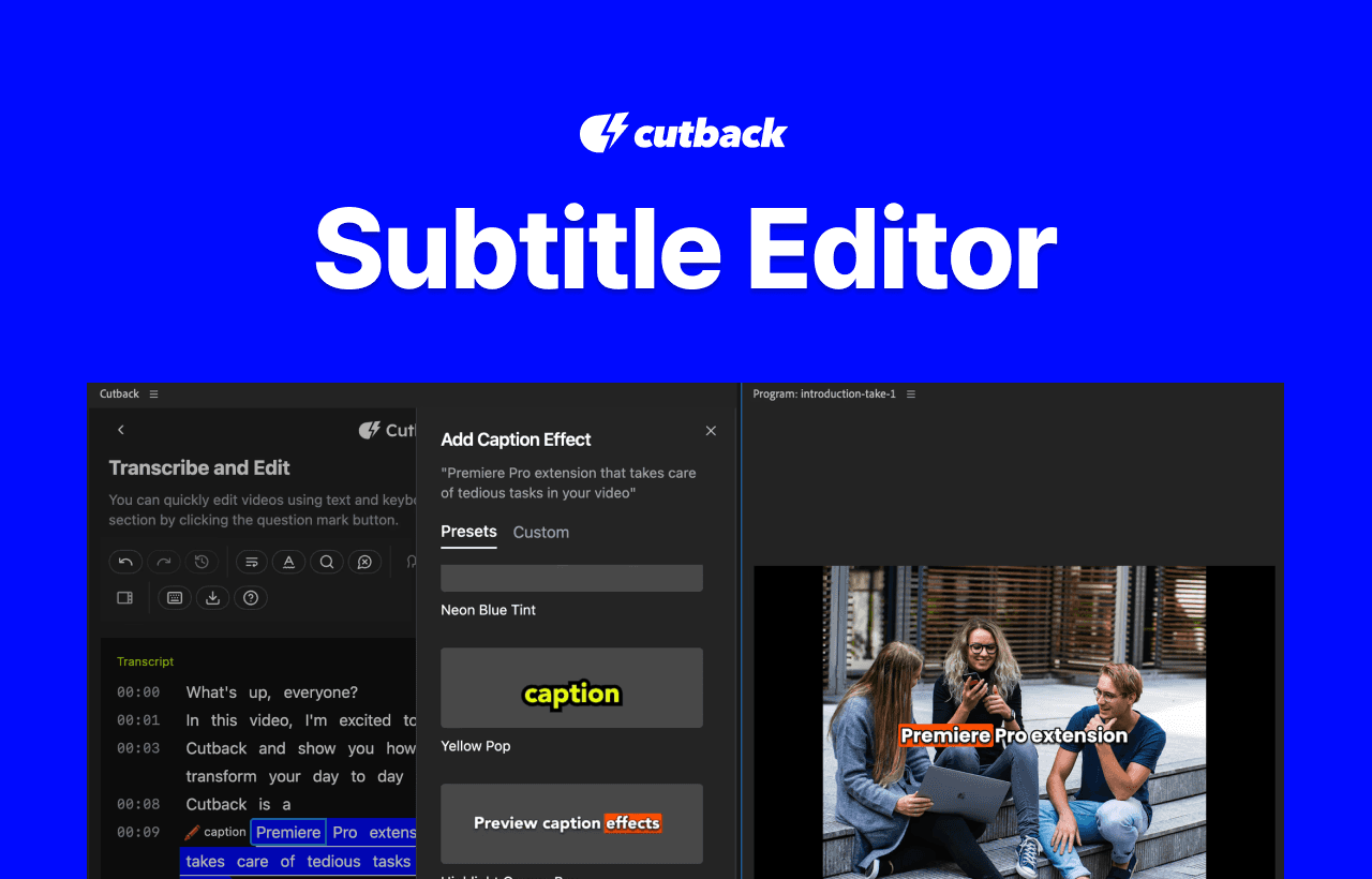 Best Premiere Pro Plugin Cutback's Subtitle Editor Screen