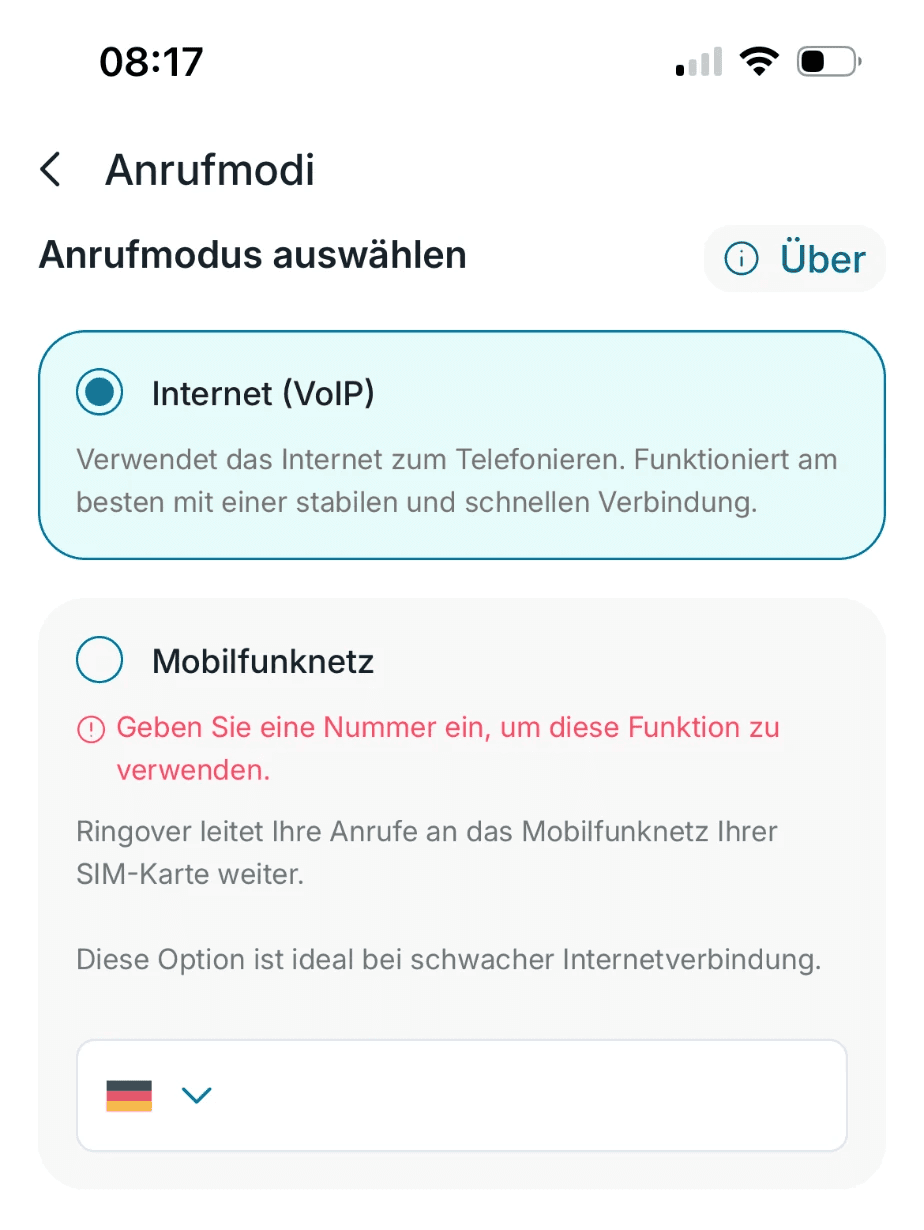 Anrufmodi: „Internet (VoIP)