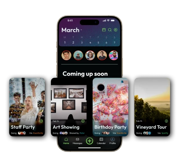 Gatherly project card showing high-fidelity app mockups of the social event coordination interface