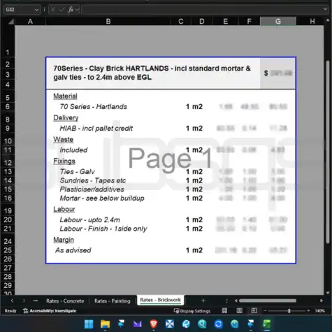 Screenshot of Microsoft Excel workbook showing first principle rate calculations for bricklaying trade by SubsQS Ltd