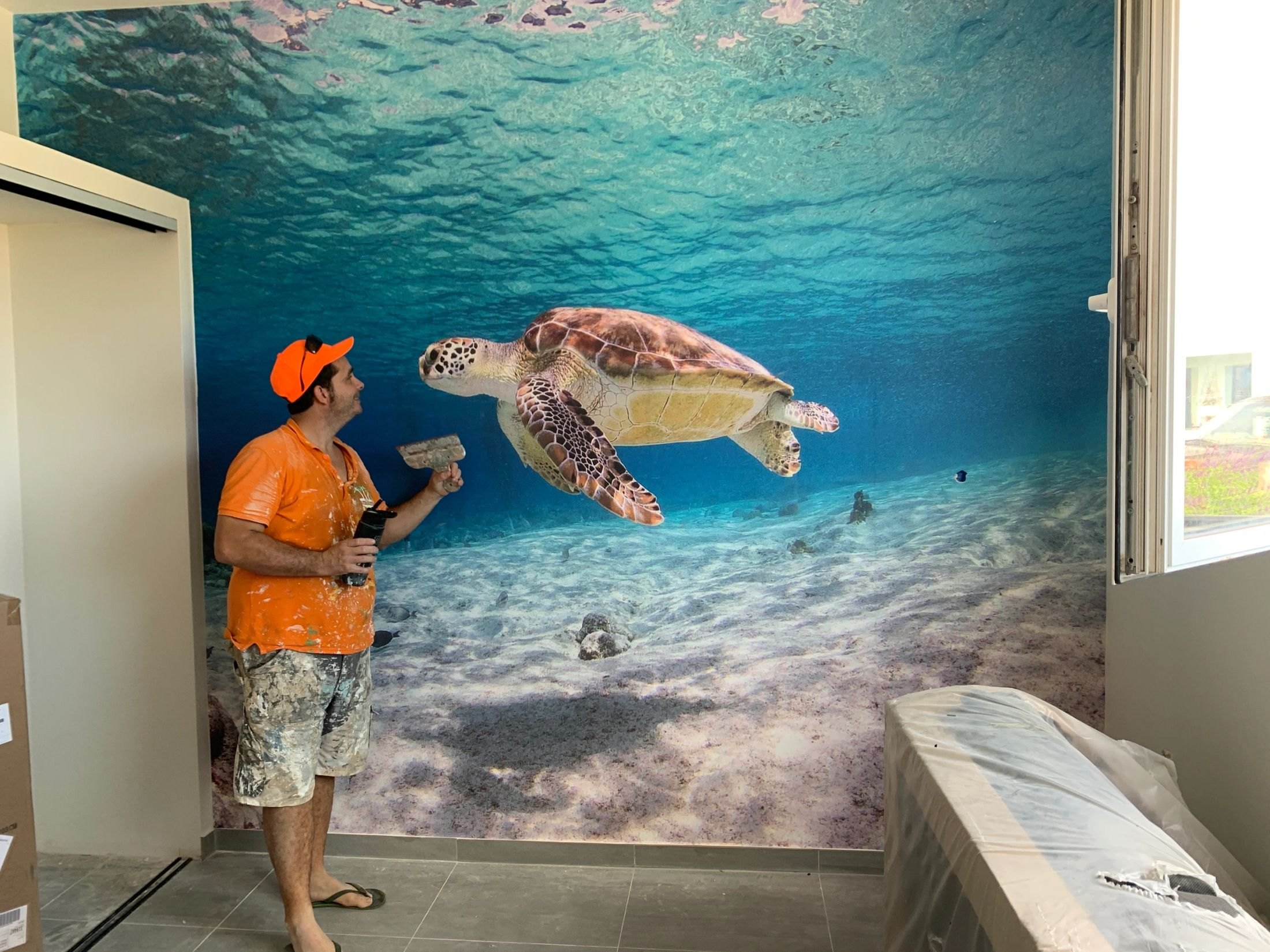 Bas next to a sea turtle mural