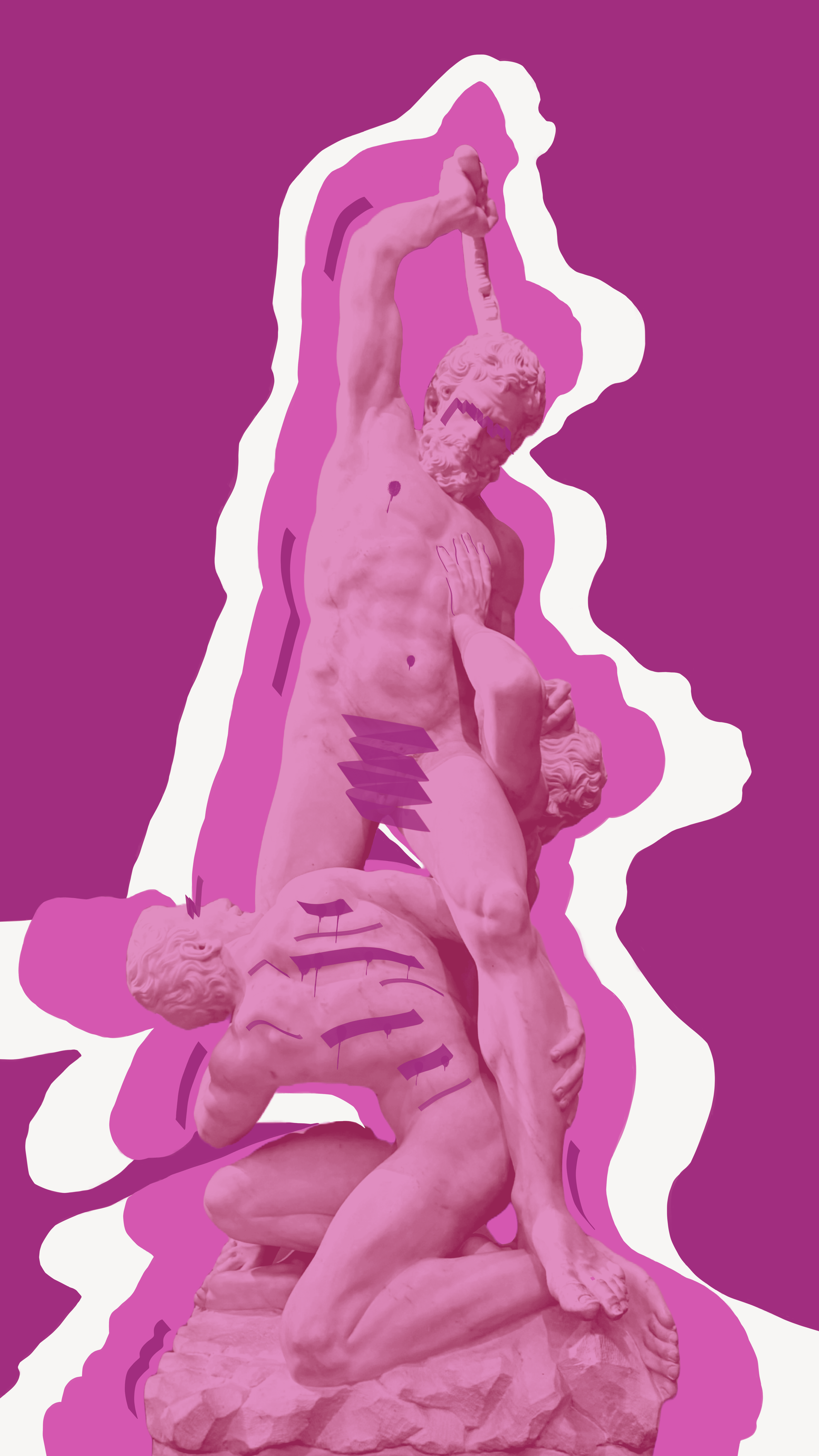 Pink digital reinterpretation of Giambologna’s "Samson" sculpture.