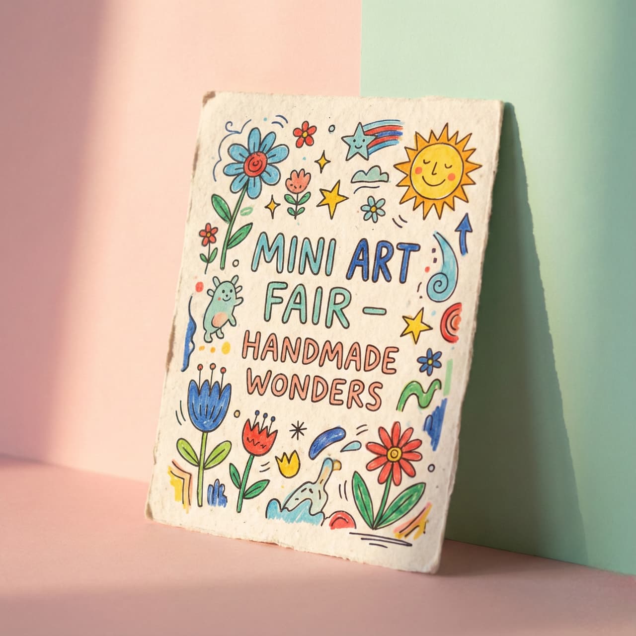 Colorful flyer for "Mini Art Fair - Handmade Wonders" with cheerful doodles of flowers, sun, and stars. Bright, playful, and inviting tone.