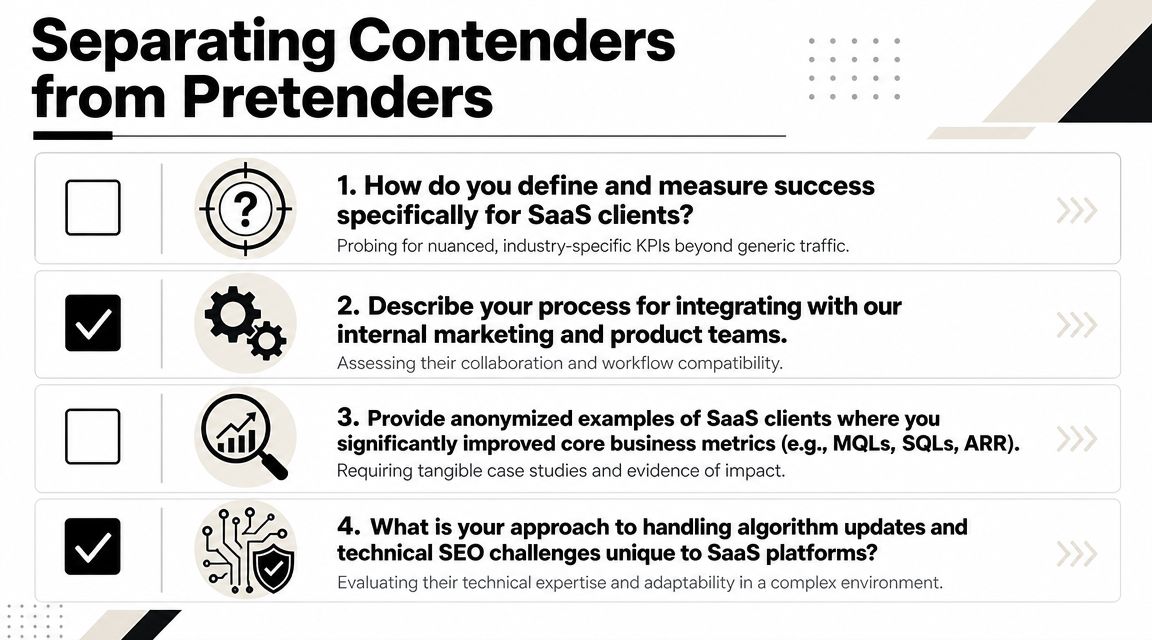 A checklist infographic titled Separating Contenders from Pretenders for vetting a SaaS marketing agency for performance.