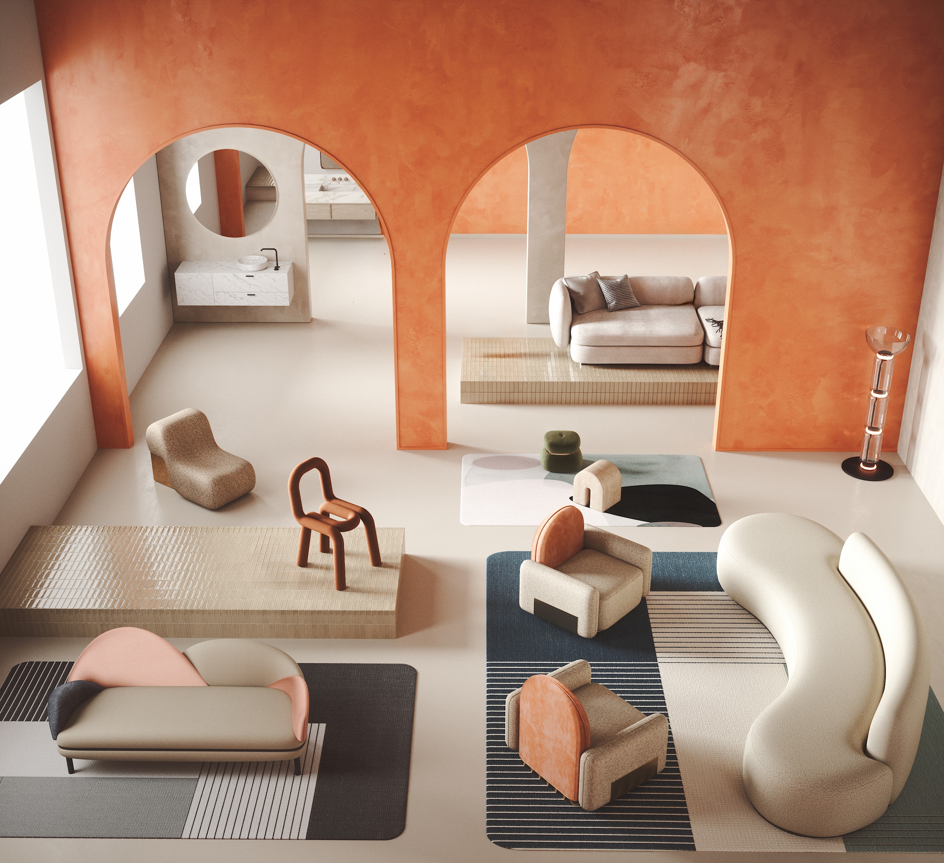 white steel chair in front round table on white rug