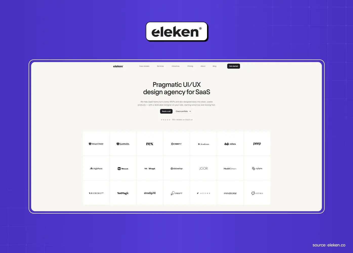 Eleken website showcasing a pragmatic UI/UX design agency for SaaS, with a grid of client logos.
