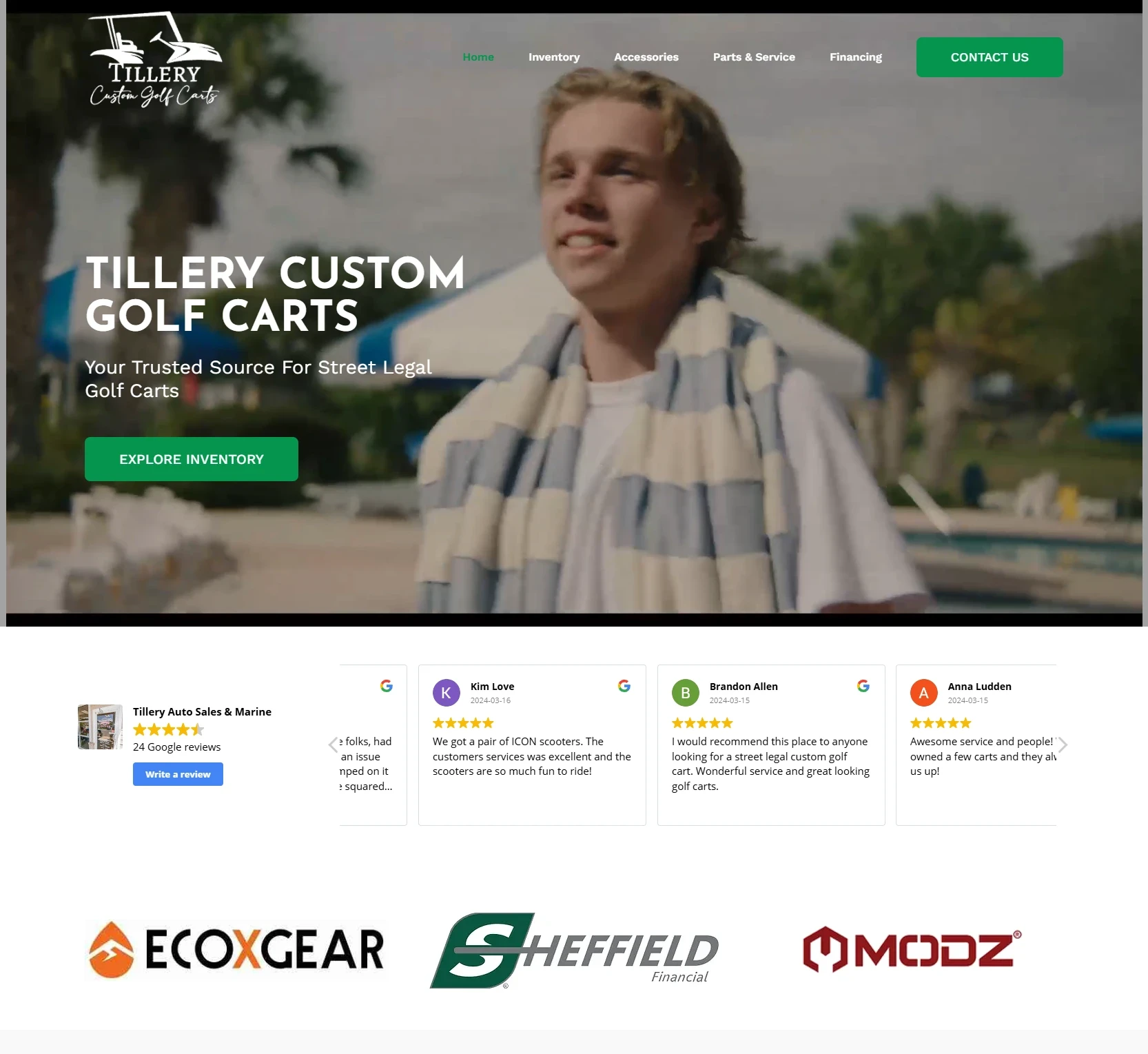 Tillery Custom Golf Carts website design preview – automotive and golf cart dealership web design by RJP.design Web Design Agency NYC, showcasing street-legal custom golf carts and financing options.