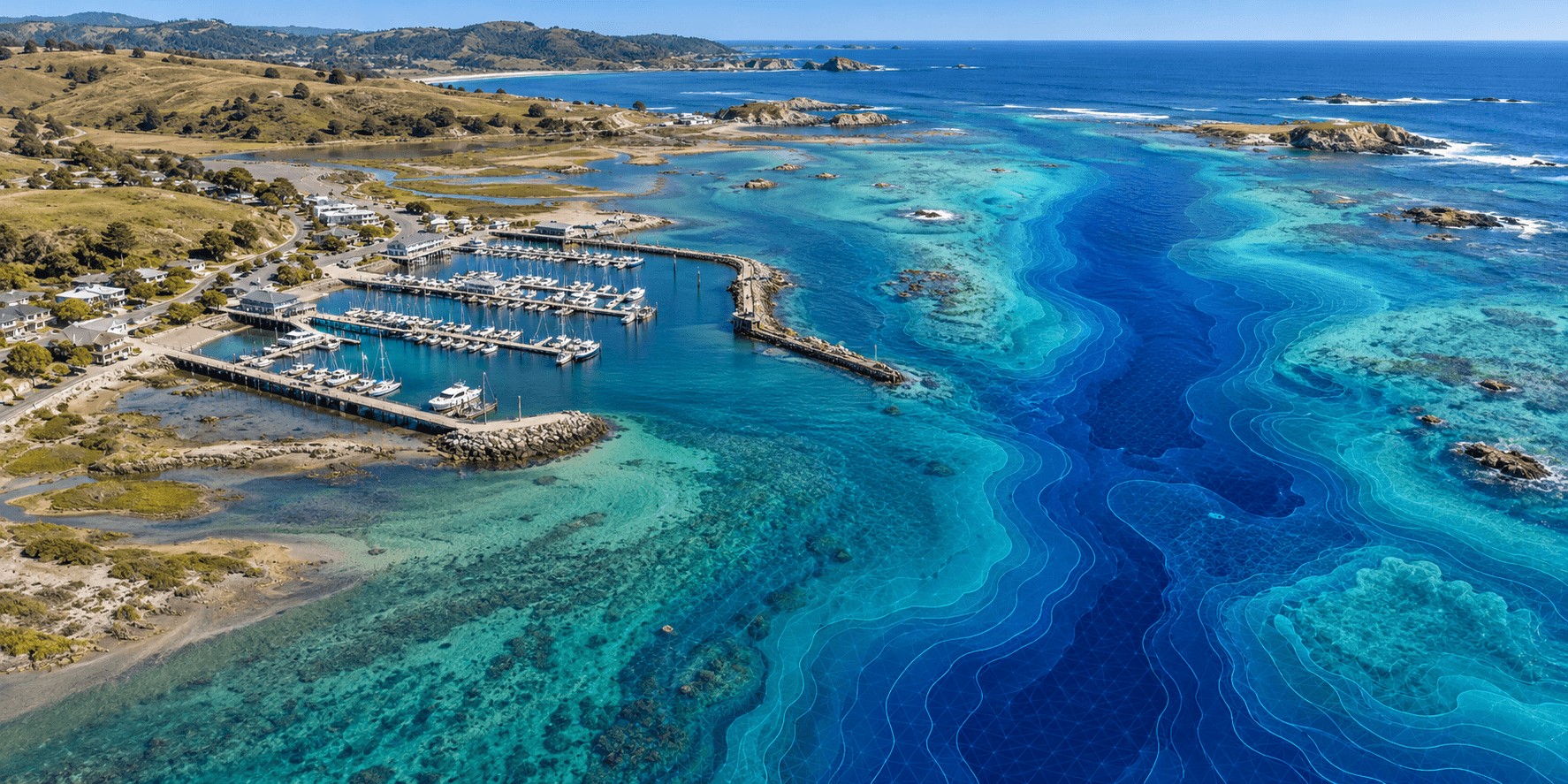 Realistic illustrative aerial view of a coastal marina, clear turquoise water, and bathymetric seafloor contours