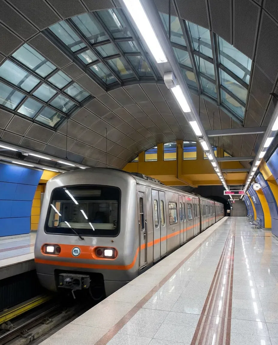 Modern Athens Metro train arriving at a station platform.