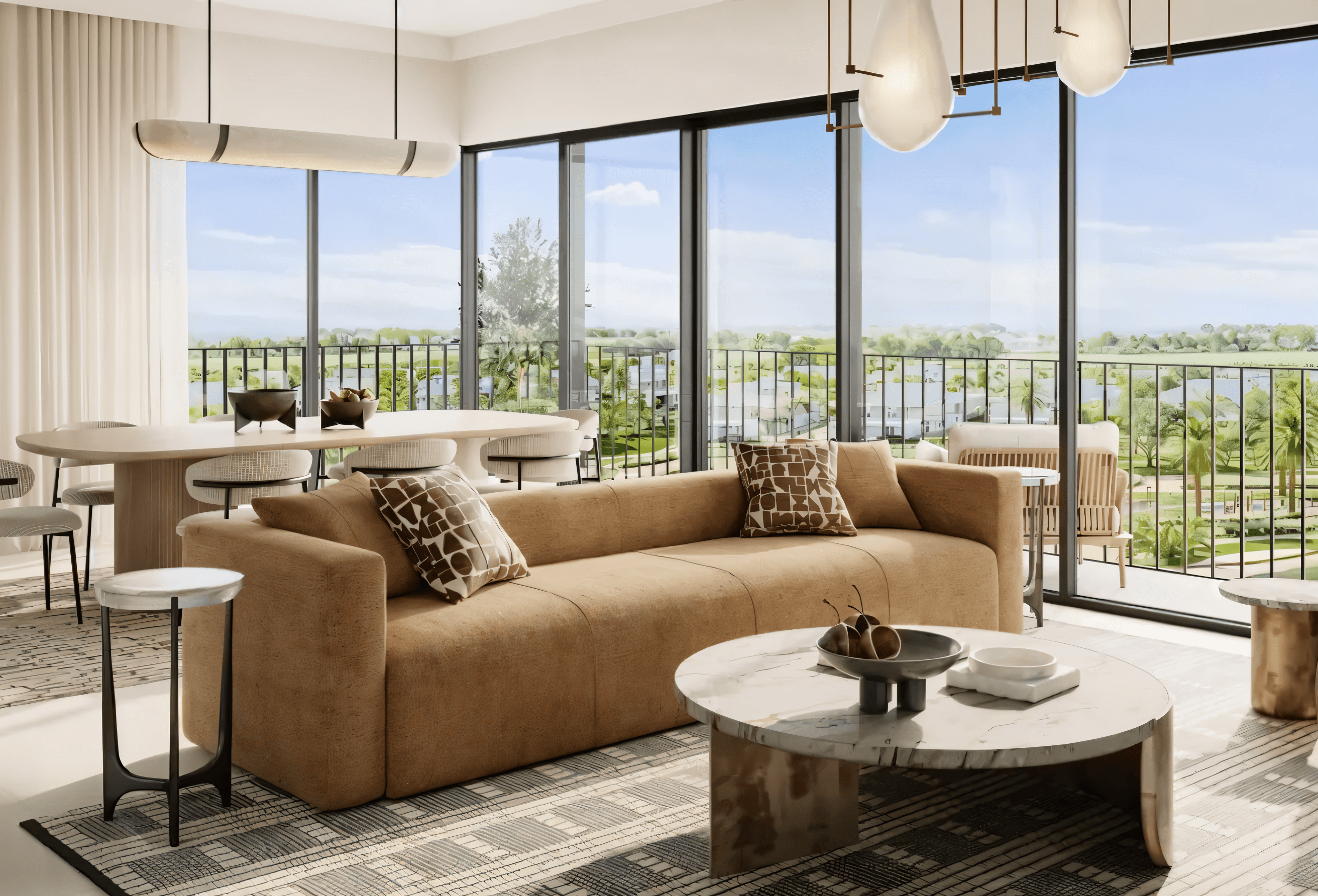  Elegant lobby area of a modern apartment building, designed with minimalist furniture and bright, open spaces.