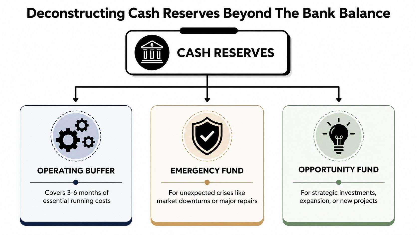A diagram illustrating the three components of business cash reserves: operating buffer, emergency fund, and opportunity fund.