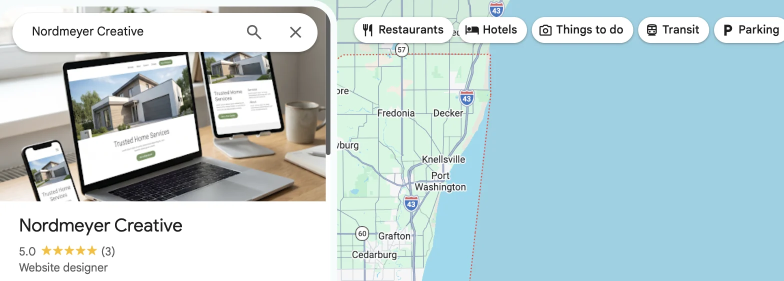 Google Maps listing for Nordmeyer Creative, rated 5.0 as a website designer, next to a map of Ozaukee County including Cedarburg, Grafton, and Port Washington.