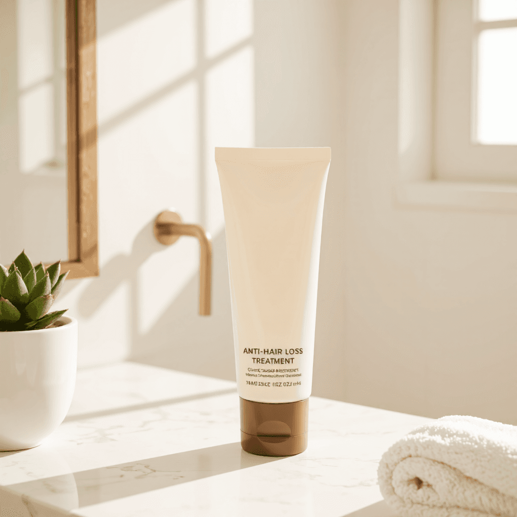 product photography of tube of anti-hair loss treatment