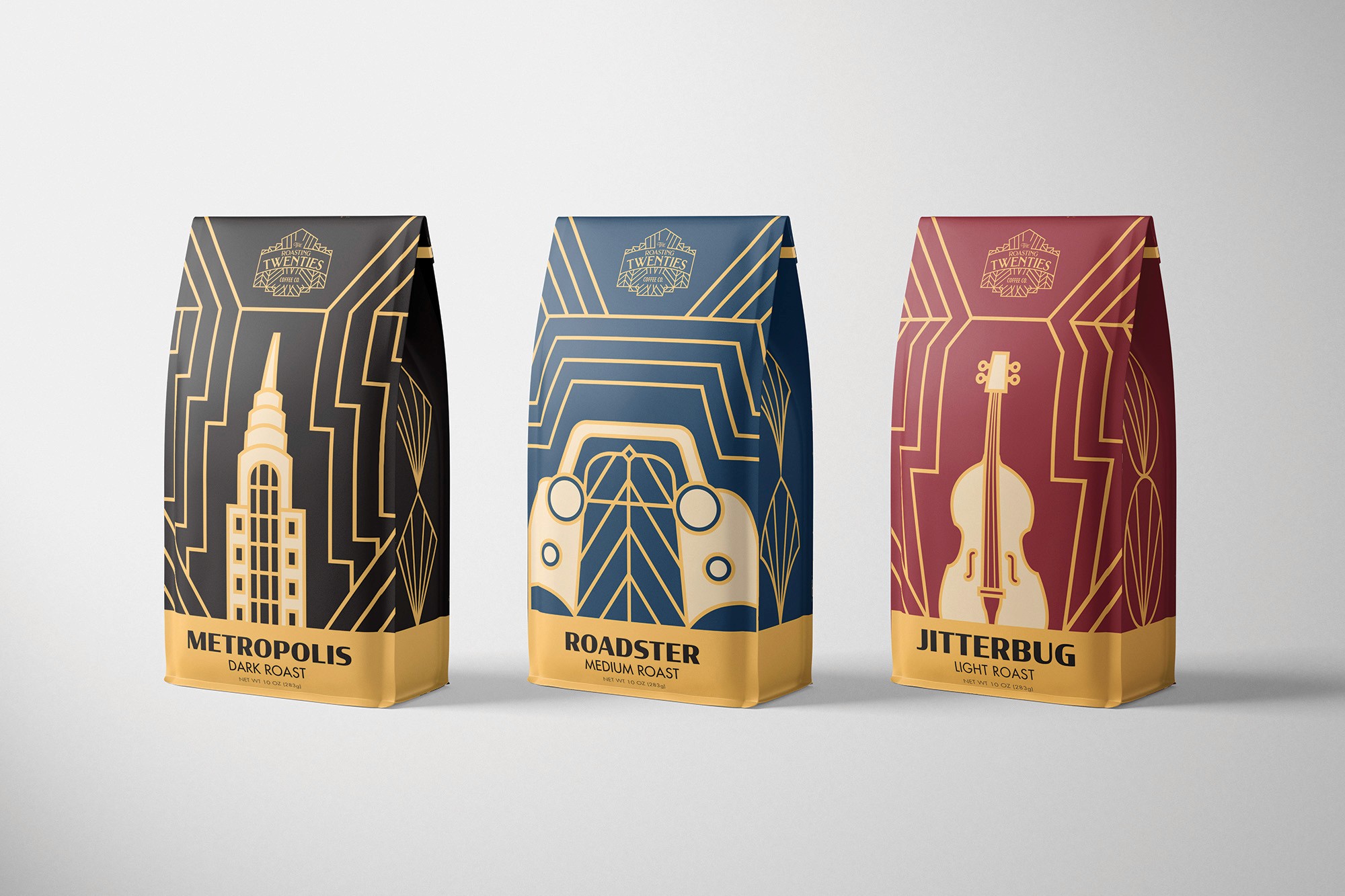 Coffee branding, and package design created for The Roasing Twenties Coffee Co.