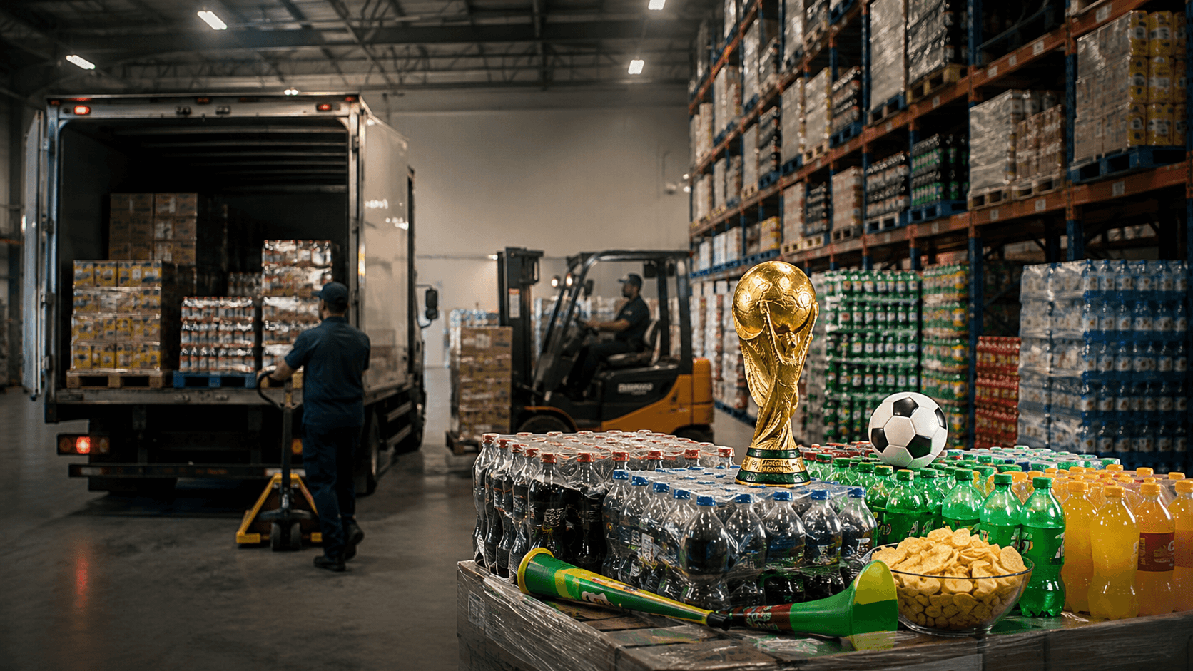 Cena realista em 3D de um centro de distribuição moderno abastecido com bebidas e alimentos para alta demanda durante a Copa do Mundo. Em primeiro plano, pallets organizados com refrigerantes, água, snacks e itens de estoque ao lado de uma bola de futebol e um troféu dourado inspirado na Copa, de forma discreta e profissional. Ao fundo, operadores logísticos e empilhadeiras movimentam cargas dentro do armazém amplo e iluminado, transmitindo sensação de operação intensa e preparação para pico de pedidos B2B. Estilo corporativo, limpo e sem excesso de elementos.