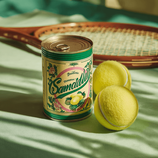 A can with floral design sits on a tennis court with two yellow tennis balls and an orange racket nearby. The scene is brightly lit and casual.