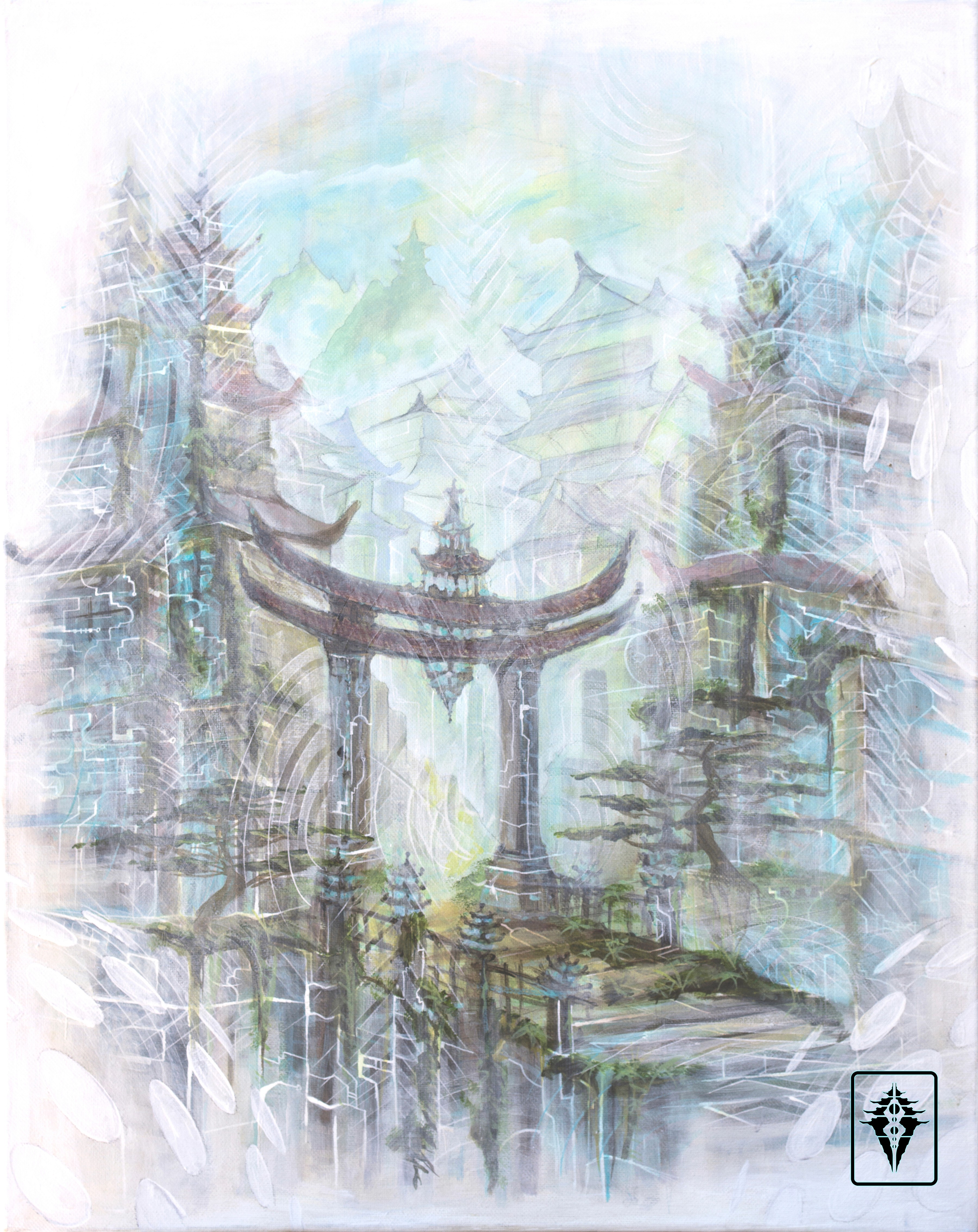 A modern staircase with colorful geometric wall art