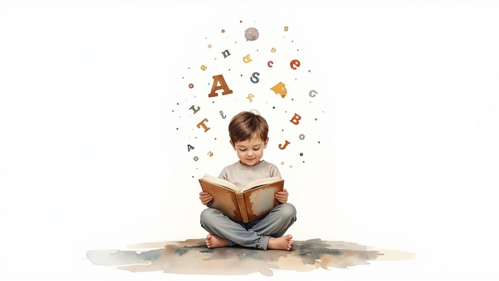 A happy young boy sits cross-legged, engrossed in a book, with colorful letters floating above his head.