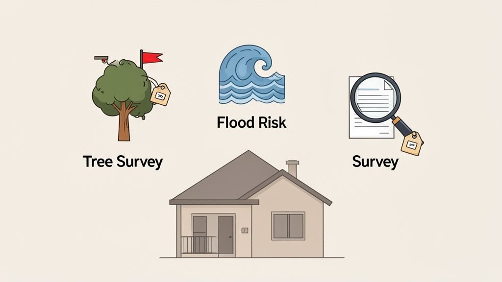 Cartoon house with icons representing Tree Survey, Flood Risk, and general Survey services above it.