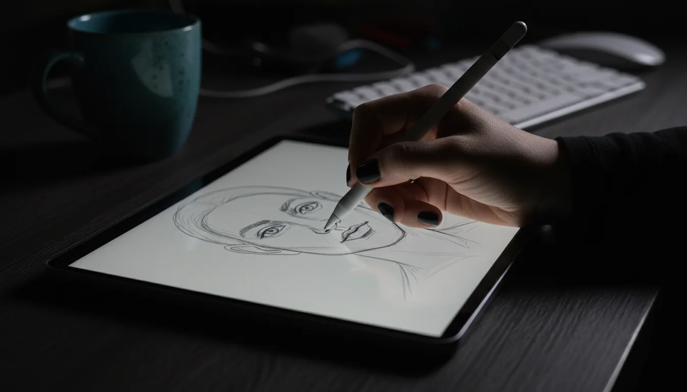 DSLR photograph, close-up shot of a digital artist's hand with black nail polish, drawing a portrait sketch on a tablet with a white stylus. The setting is a dark desk with a speckled blue ceramic mug and white keyboard in a soft bokeh background. Cinematic contrast lighting creates a moody, focused atmosphere. Sharp focus on the hand and screen, shallow depth of field.