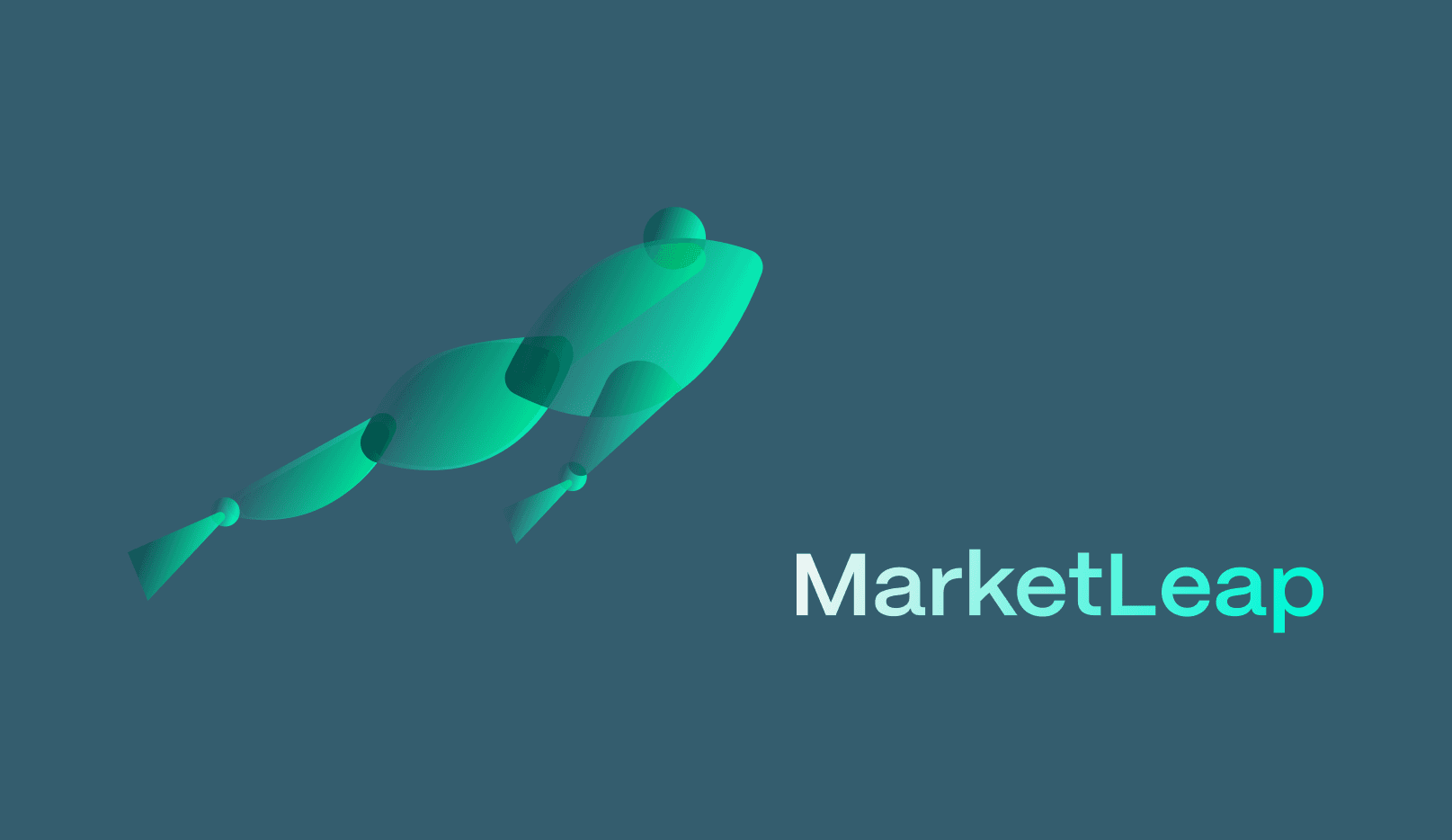 Stylised illustration of a figure in mid-leap, composed of translucent, segmented green-blue shapes. The figure is angled to the right and features fin-like limbs and a circular head. To the right of the figure is the word ‘MarketLeap’ in a clean sans-serif font, with a gradient colour shift from white to aqua. The background is a dark teal colour.