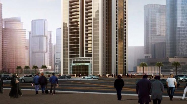 Exterior rendering of the building entrance with pedestrian walkway and urban surroundings.